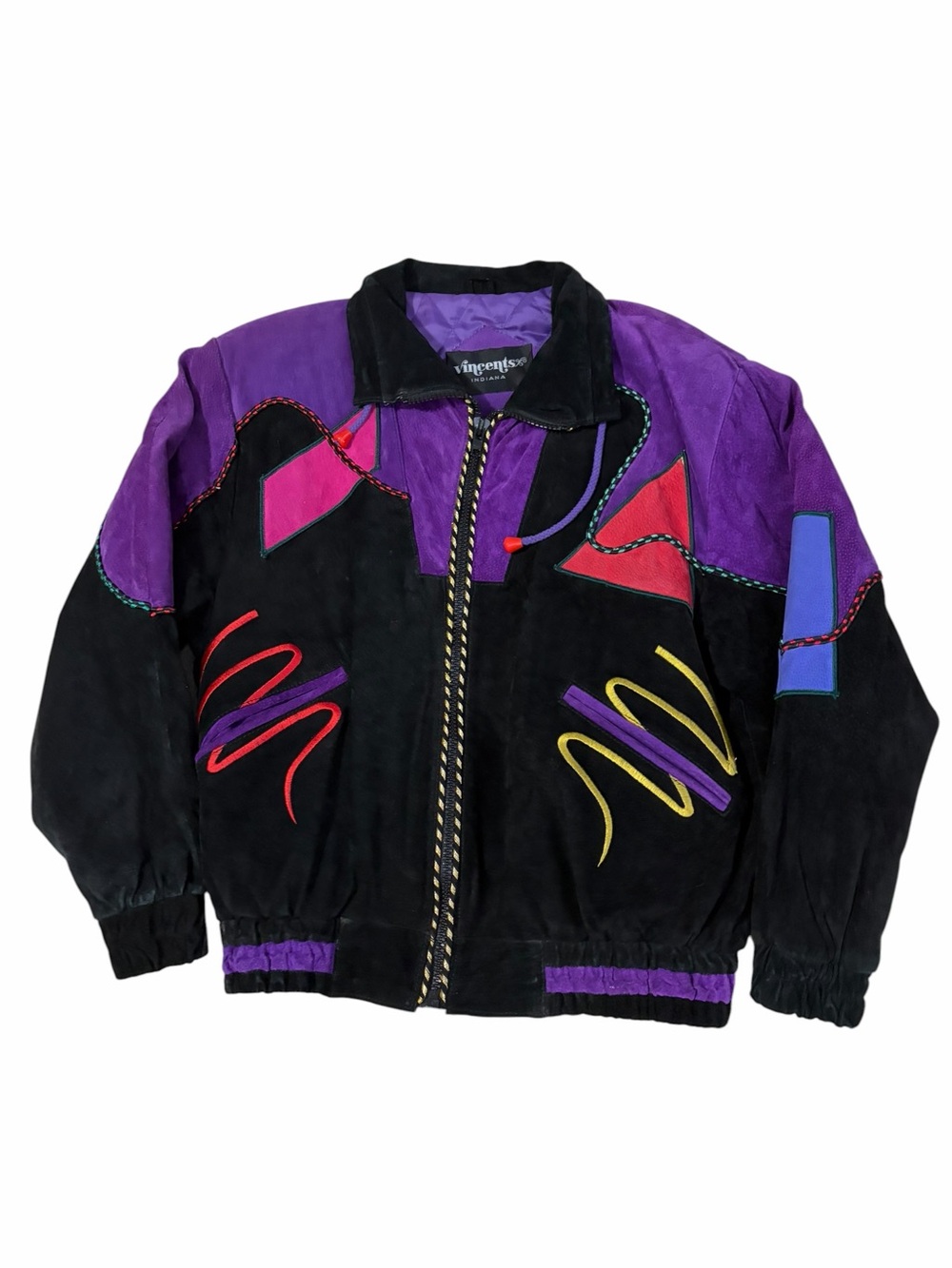 VTG Vincents Indiana Leather Suede Bomber Jacket Womens M 80s Retro Geometric